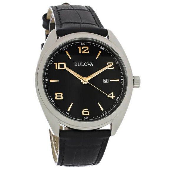 BULOVA 98B367 CLASSIC BLACK DIAL BLACK LEATHER STRAP MENS WATCH